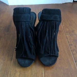 Coconuts by Matisse Black Fringe Peep Toe Heels